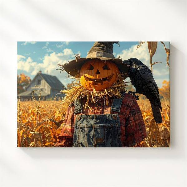 Pumpkin-Head Scarecrow Canvas – Rustic Halloween Cornfield Wall Art - Gifitto