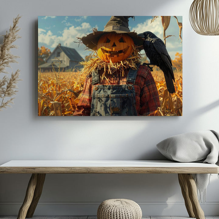 Pumpkin-Head Scarecrow Canvas – Rustic Halloween Cornfield Wall Art - Gifitto