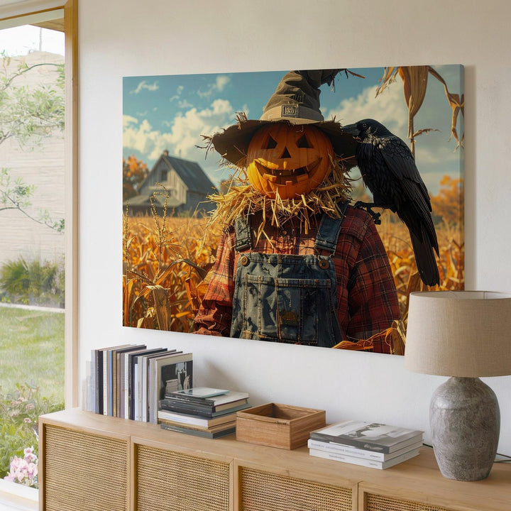 Pumpkin-Head Scarecrow Canvas – Rustic Halloween Cornfield Wall Art - Gifitto