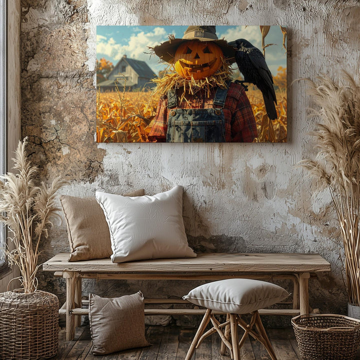 Pumpkin-Head Scarecrow Canvas – Rustic Halloween Cornfield Wall Art - Gifitto