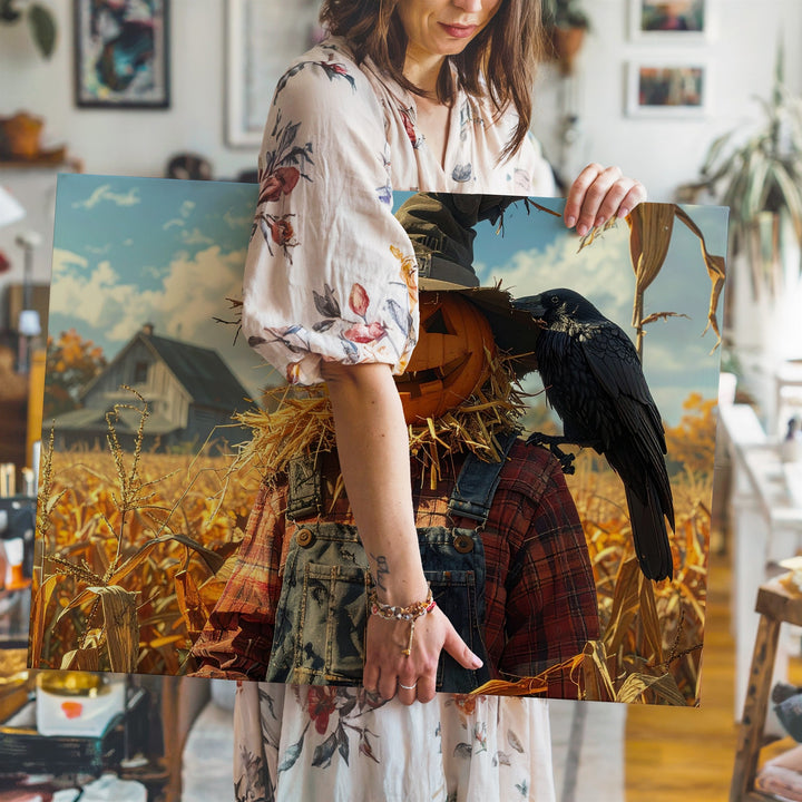 Pumpkin-Head Scarecrow Canvas – Rustic Halloween Cornfield Wall Art - Gifitto