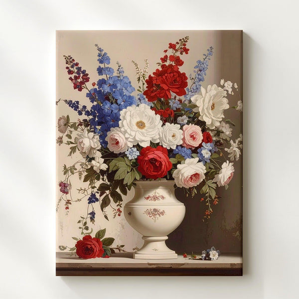 Patriotic Floral Still Life Canvas – Red, White & Blue Bouquet in Cream Vase - Gifitto