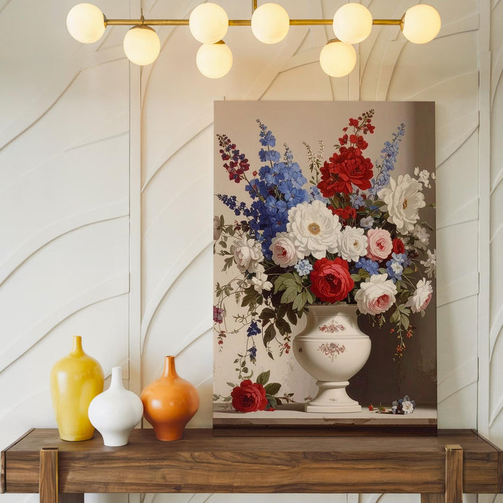 Patriotic Floral Still Life Canvas – Red, White & Blue Bouquet in Cream Vase - Gifitto