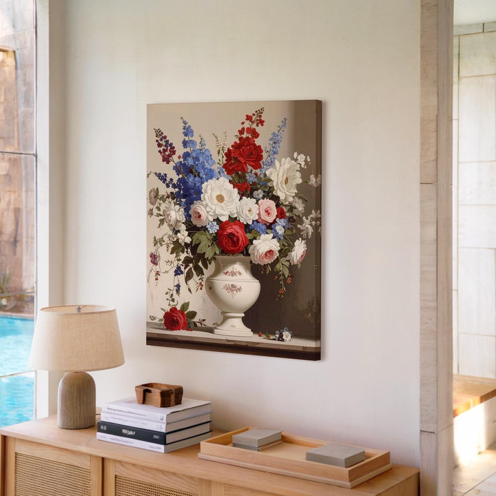 Patriotic Floral Still Life Canvas – Red, White & Blue Bouquet in Cream Vase - Gifitto