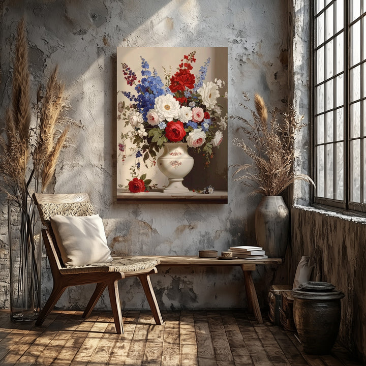 Patriotic Floral Still Life Canvas – Red, White & Blue Bouquet in Cream Vase - Gifitto