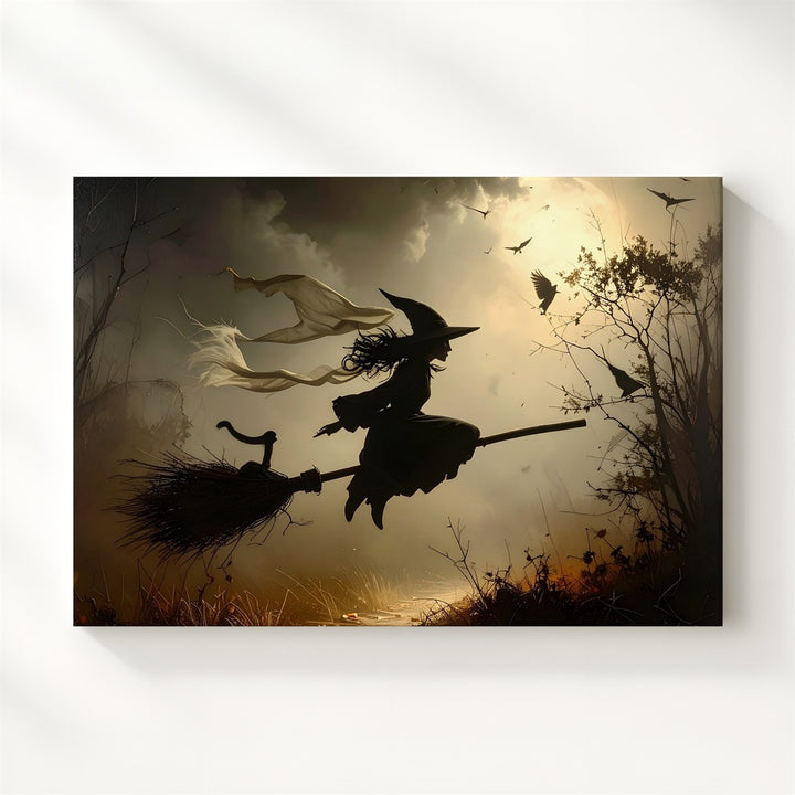 Flying Witch Silhouette Canvas – Dark Halloween Sky with Cat, Bats & Crows - Gifitto