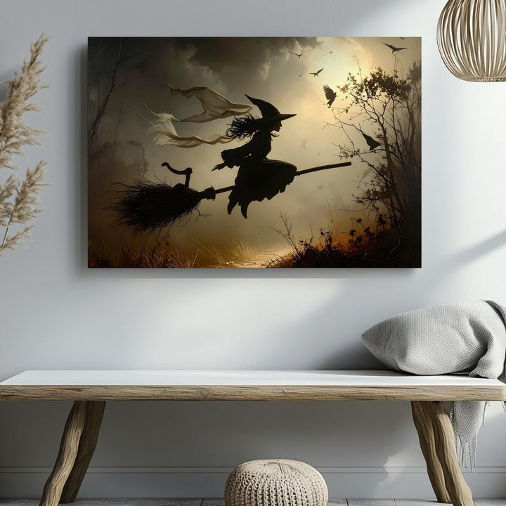 Flying Witch Silhouette Canvas – Dark Halloween Sky with Cat, Bats & Crows - Gifitto