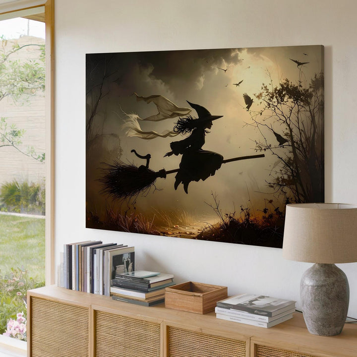Flying Witch Silhouette Canvas – Dark Halloween Sky with Cat, Bats & Crows - Gifitto