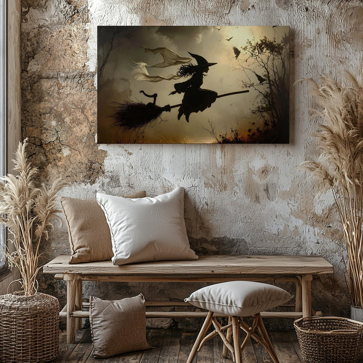 Flying Witch Silhouette Canvas – Dark Halloween Sky with Cat, Bats & Crows - Gifitto