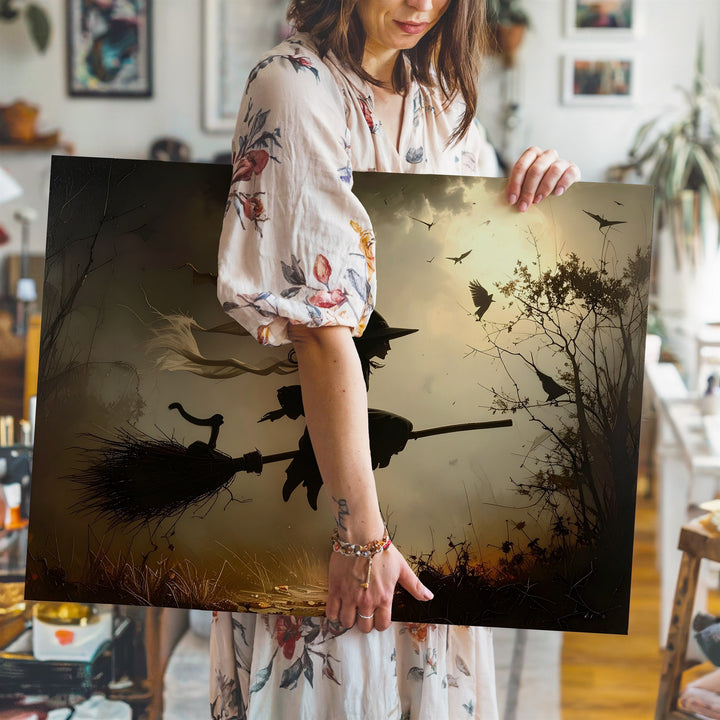 Flying Witch Silhouette Canvas – Dark Halloween Sky with Cat, Bats & Crows - Gifitto