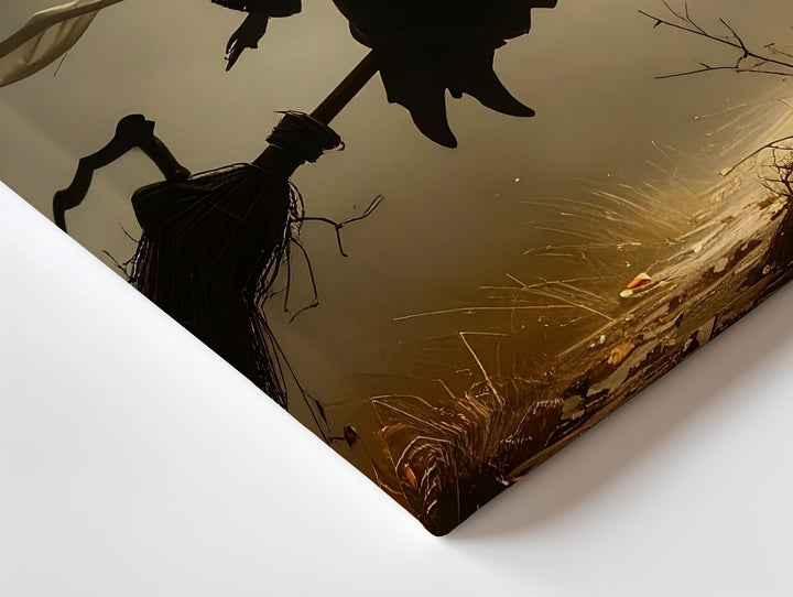 Flying Witch Silhouette Canvas – Dark Halloween Sky with Cat, Bats & Crows - Gifitto