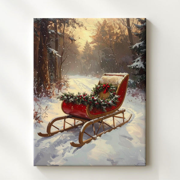 Red Holiday Sleigh Canvas – Nostalgic Winter Forest Christmas Wall Art - Gifitto