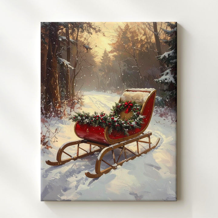 Red Holiday Sleigh Canvas – Nostalgic Winter Forest Christmas Wall Art - Gifitto