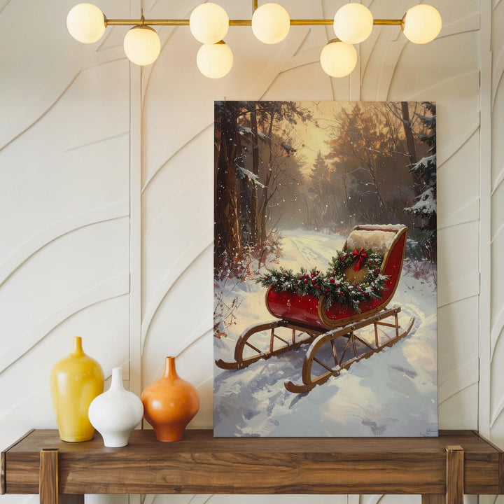 Red Holiday Sleigh Canvas – Nostalgic Winter Forest Christmas Wall Art - Gifitto