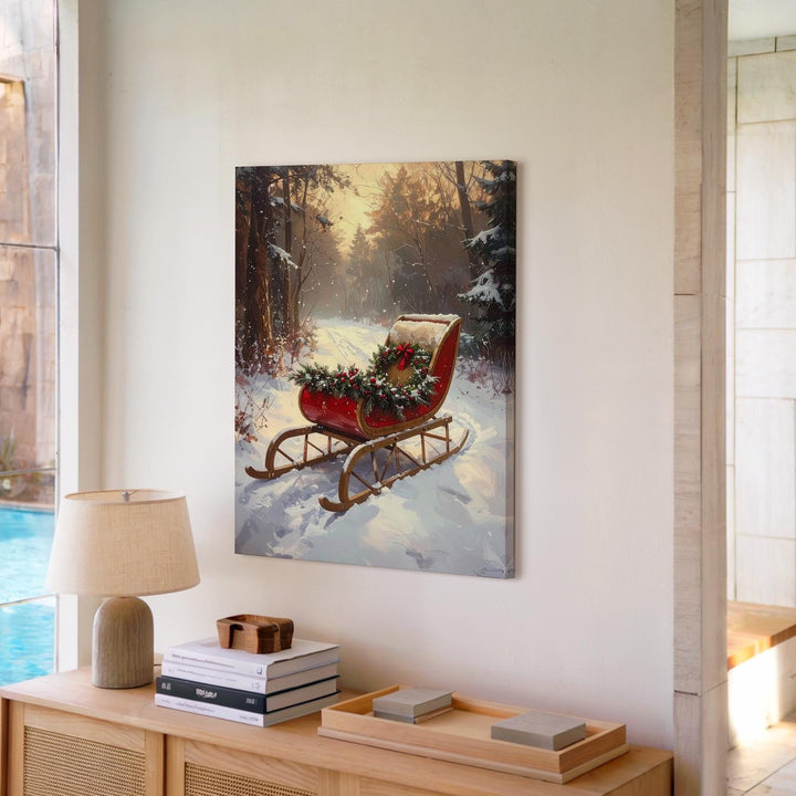 Red Holiday Sleigh Canvas – Nostalgic Winter Forest Christmas Wall Art - Gifitto