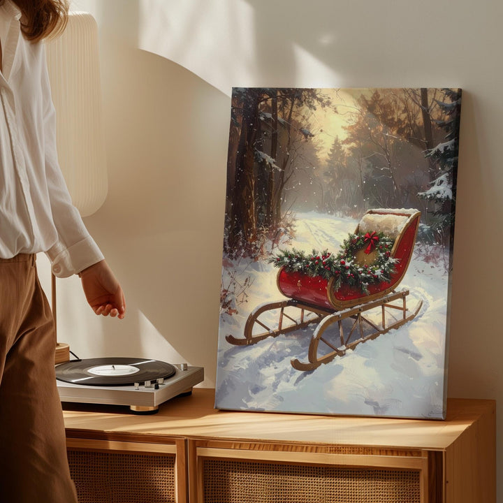 Red Holiday Sleigh Canvas – Nostalgic Winter Forest Christmas Wall Art - Gifitto