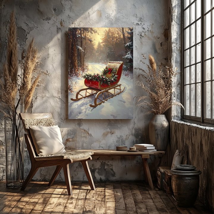 Red Holiday Sleigh Canvas – Nostalgic Winter Forest Christmas Wall Art - Gifitto