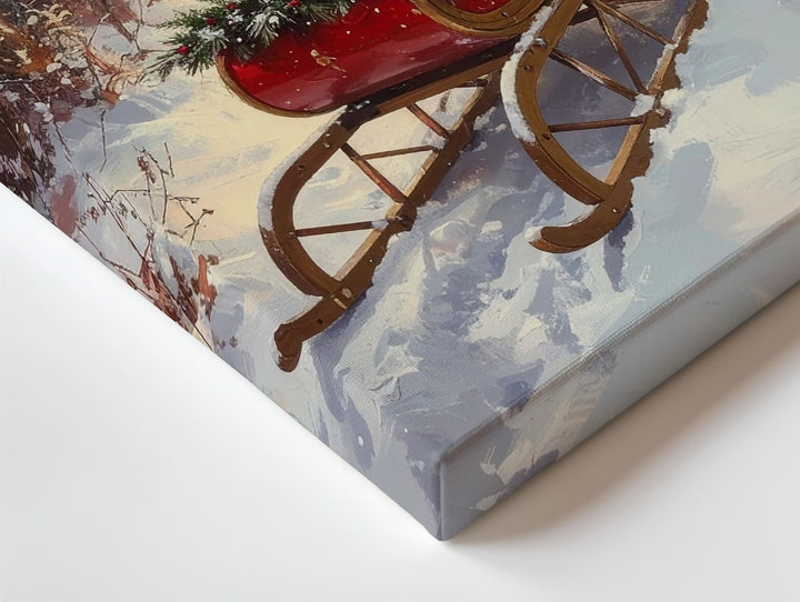 Red Holiday Sleigh Canvas – Nostalgic Winter Forest Christmas Wall Art - Gifitto