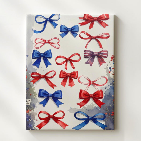 Patriotic Ribbon Bows Canvas – Red & Blue Graphic on White Background - Gifitto