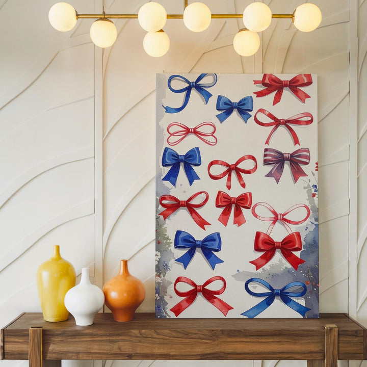 Patriotic Ribbon Bows Canvas – Red & Blue Graphic on White Background - Gifitto