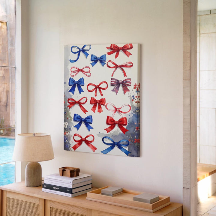 Patriotic Ribbon Bows Canvas – Red & Blue Graphic on White Background - Gifitto