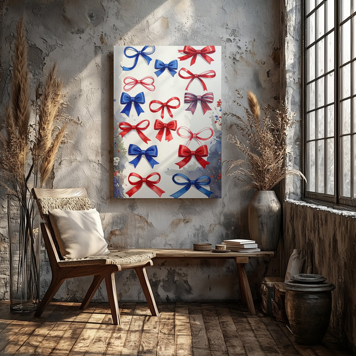 Patriotic Ribbon Bows Canvas – Red & Blue Graphic on White Background - Gifitto