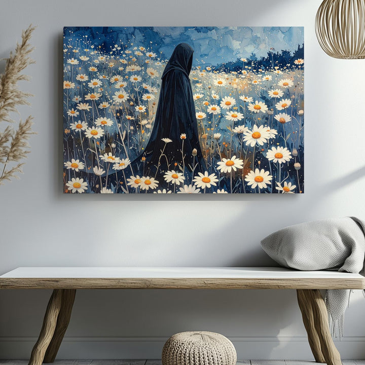 Ghost in the Daisies Canvas – Minimalist Halloween Twilight Wall Art - Gifitto