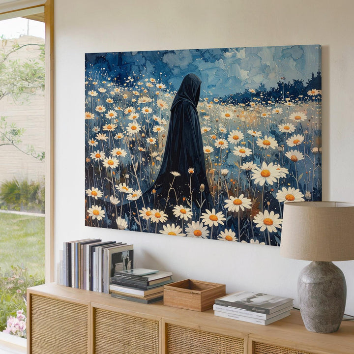 Ghost in the Daisies Canvas – Minimalist Halloween Twilight Wall Art - Gifitto