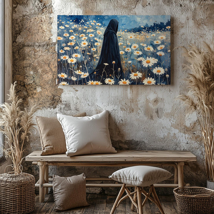 Ghost in the Daisies Canvas – Minimalist Halloween Twilight Wall Art - Gifitto