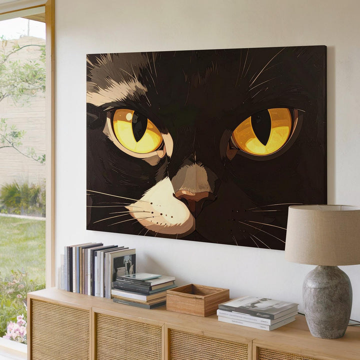 Minimalist Black Cat Eyes Canvas – Bold Halloween Negative Space Art - Gifitto