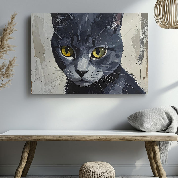 Mystical Cat Portrait Canvas – Yellow-Eyed Familiar on Beige - Gifitto