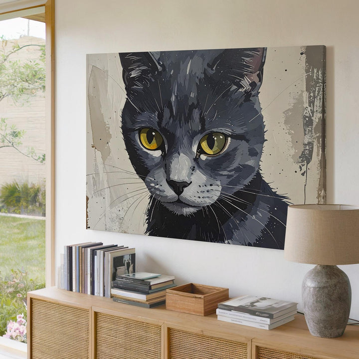 Mystical Cat Portrait Canvas – Yellow-Eyed Familiar on Beige - Gifitto