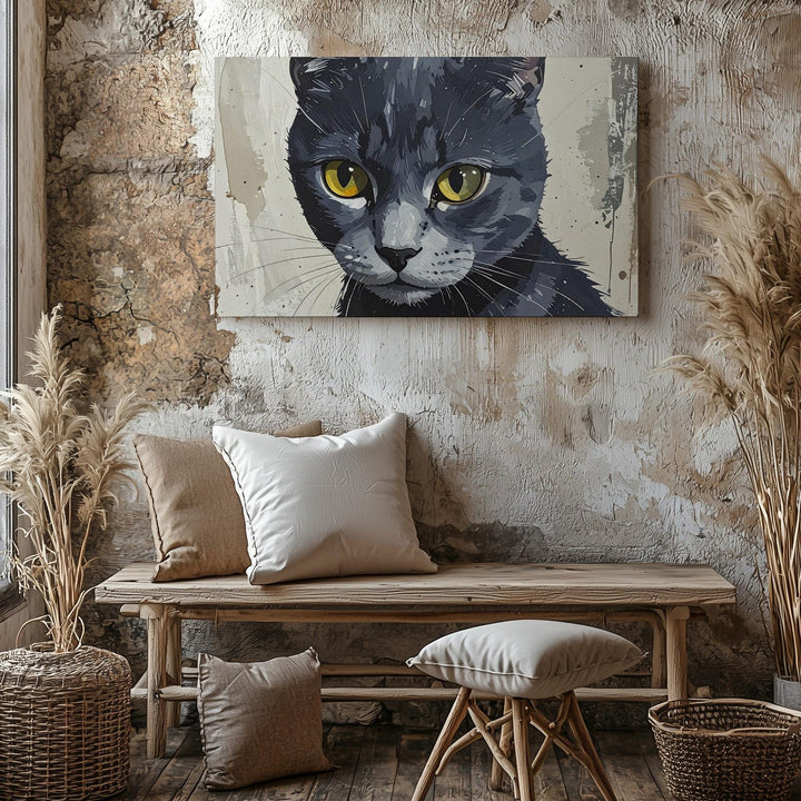 Mystical Cat Portrait Canvas – Yellow-Eyed Familiar on Beige - Gifitto