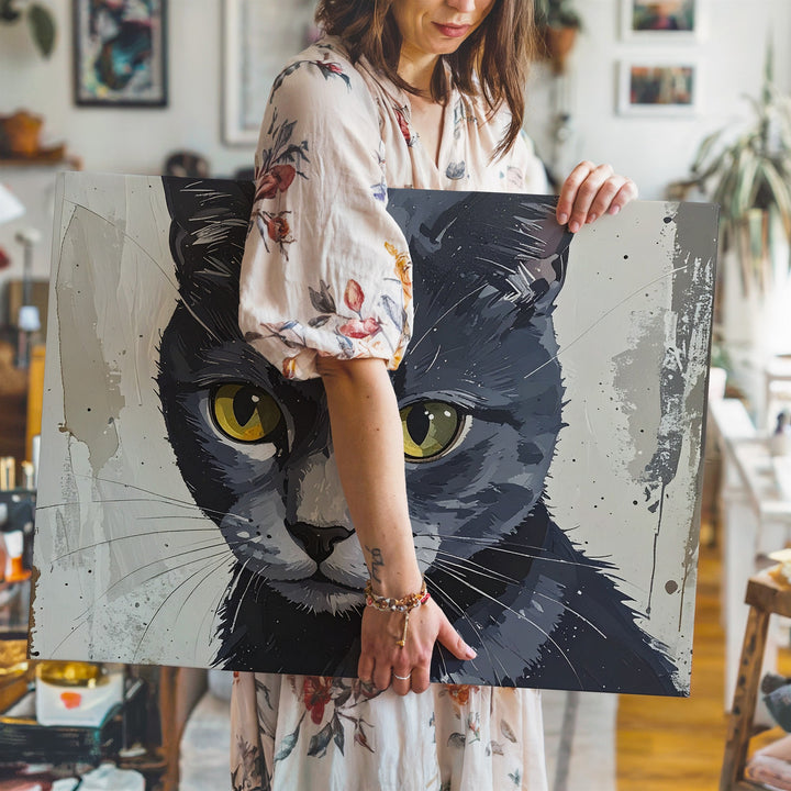 Mystical Cat Portrait Canvas – Yellow-Eyed Familiar on Beige - Gifitto