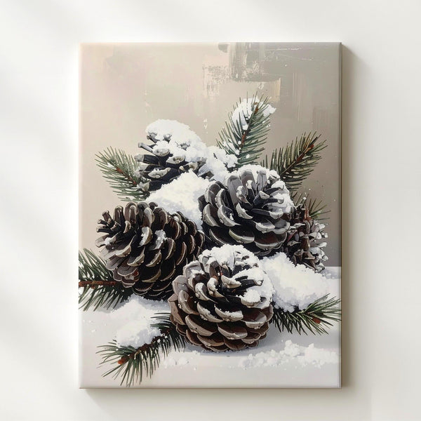 Snow-Dusted Pinecone Canvas – Minimalist Rustic Winter Wall Art - Gifitto