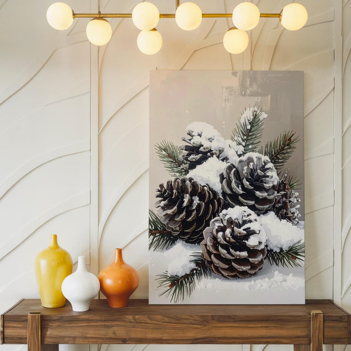 Snow-Dusted Pinecone Canvas – Minimalist Rustic Winter Wall Art - Gifitto