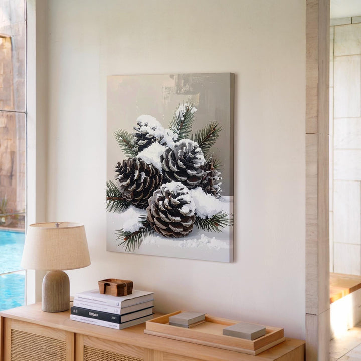 Snow-Dusted Pinecone Canvas – Minimalist Rustic Winter Wall Art - Gifitto