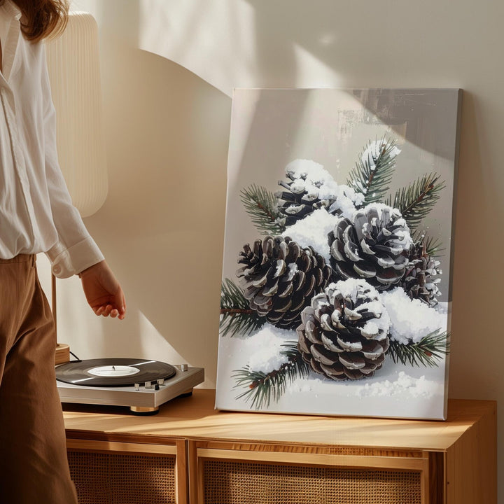 Snow-Dusted Pinecone Canvas – Minimalist Rustic Winter Wall Art - Gifitto