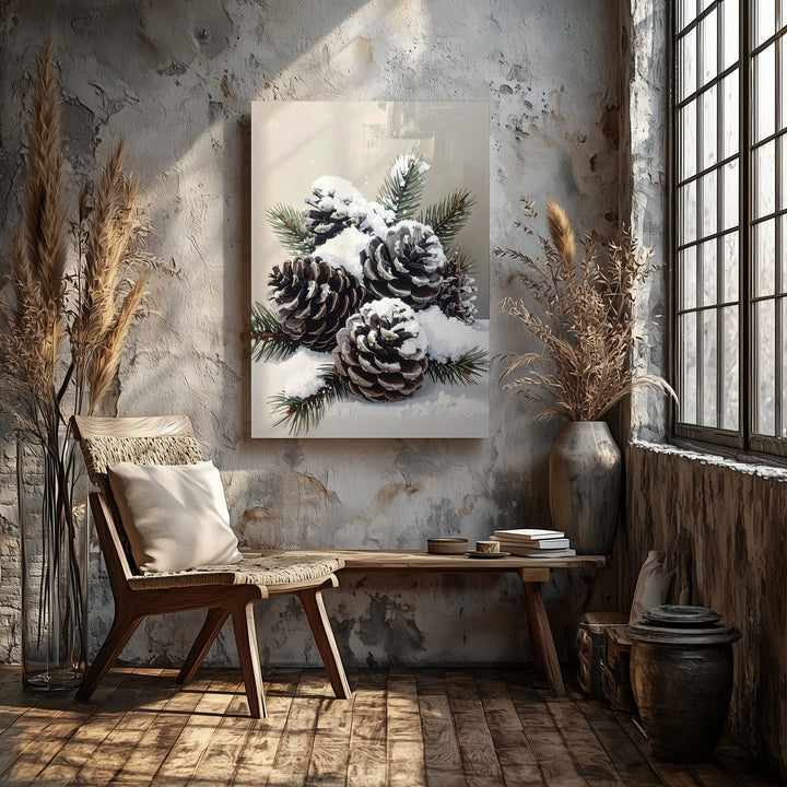 Snow-Dusted Pinecone Canvas – Minimalist Rustic Winter Wall Art - Gifitto