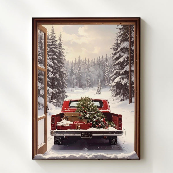 Red Vintage Truck Christmas Canvas – Rustic Holiday Scene from Cabin Window - Gifitto