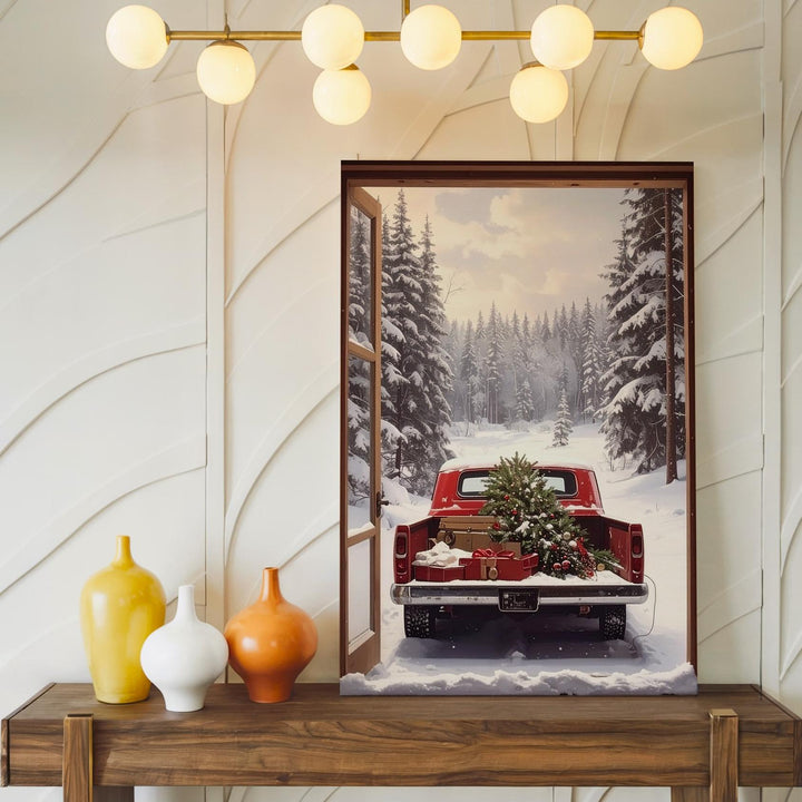 Red Vintage Truck Christmas Canvas – Rustic Holiday Scene from Cabin Window - Gifitto
