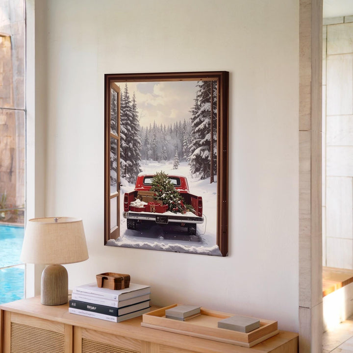 Red Vintage Truck Christmas Canvas – Rustic Holiday Scene from Cabin Window - Gifitto