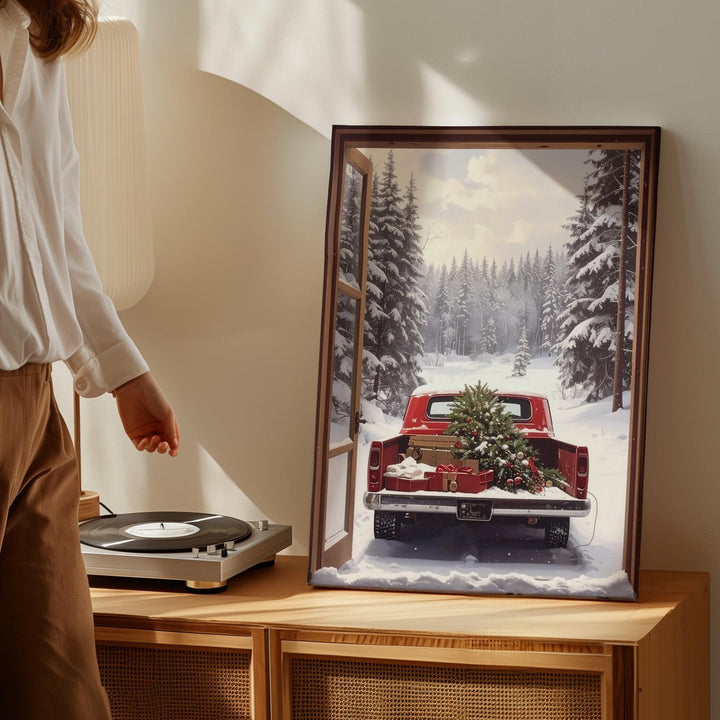 Red Vintage Truck Christmas Canvas – Rustic Holiday Scene from Cabin Window - Gifitto