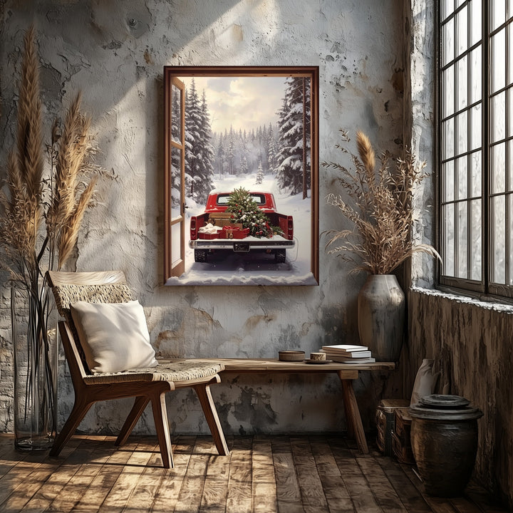 Red Vintage Truck Christmas Canvas – Rustic Holiday Scene from Cabin Window - Gifitto