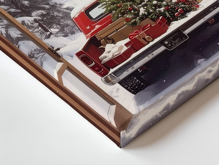 Red Vintage Truck Christmas Canvas – Rustic Holiday Scene from Cabin Window - Gifitto