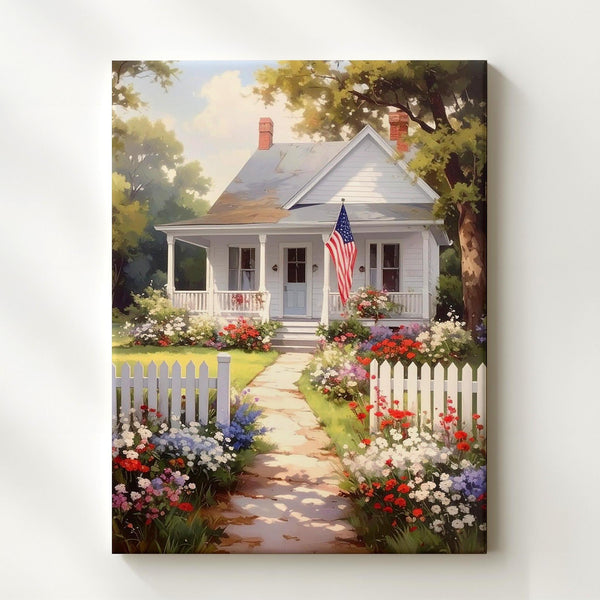 Cozy American Cottage Canvas – Flag, Flowers & White Picket Fence - Gifitto