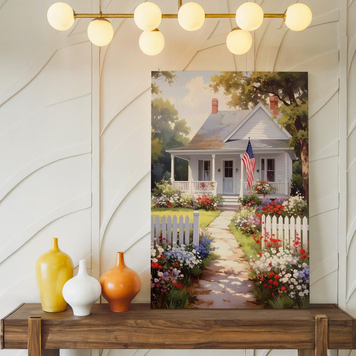 Cozy American Cottage Canvas – Flag, Flowers & White Picket Fence - Gifitto