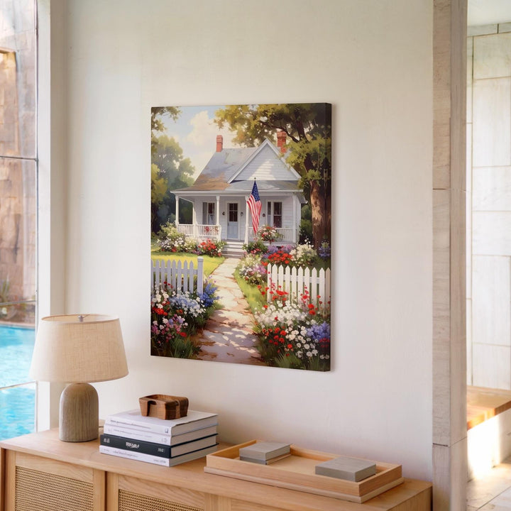 Cozy American Cottage Canvas – Flag, Flowers & White Picket Fence - Gifitto