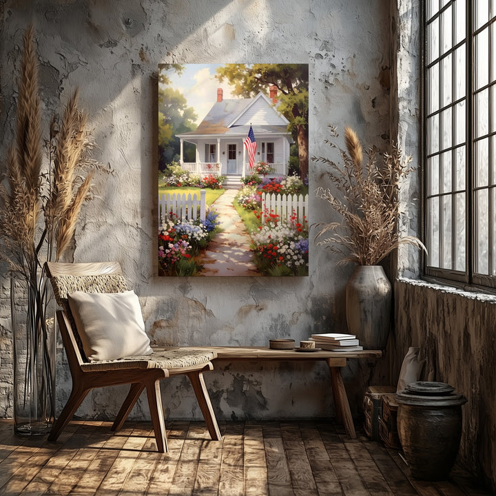 Cozy American Cottage Canvas – Flag, Flowers & White Picket Fence - Gifitto