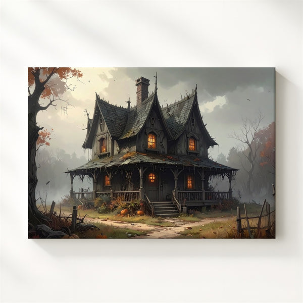 Crooked Witch’s Cottage Canvas – Gothic Halloween Forest Enchantment Art - Gifitto